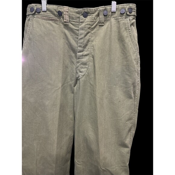 Vintage WWII Military Field Trousers 32x32 Metal Buttons Cotton OD Distressed - Picture 4 of 15